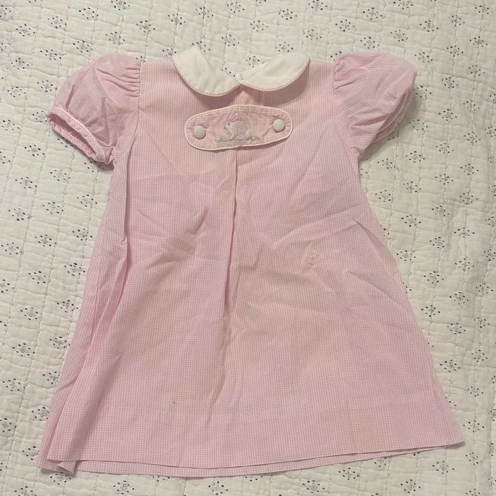 Petit Ami Pink Gingham Dress with White Peter Pan Collar and Bunny Appliqué